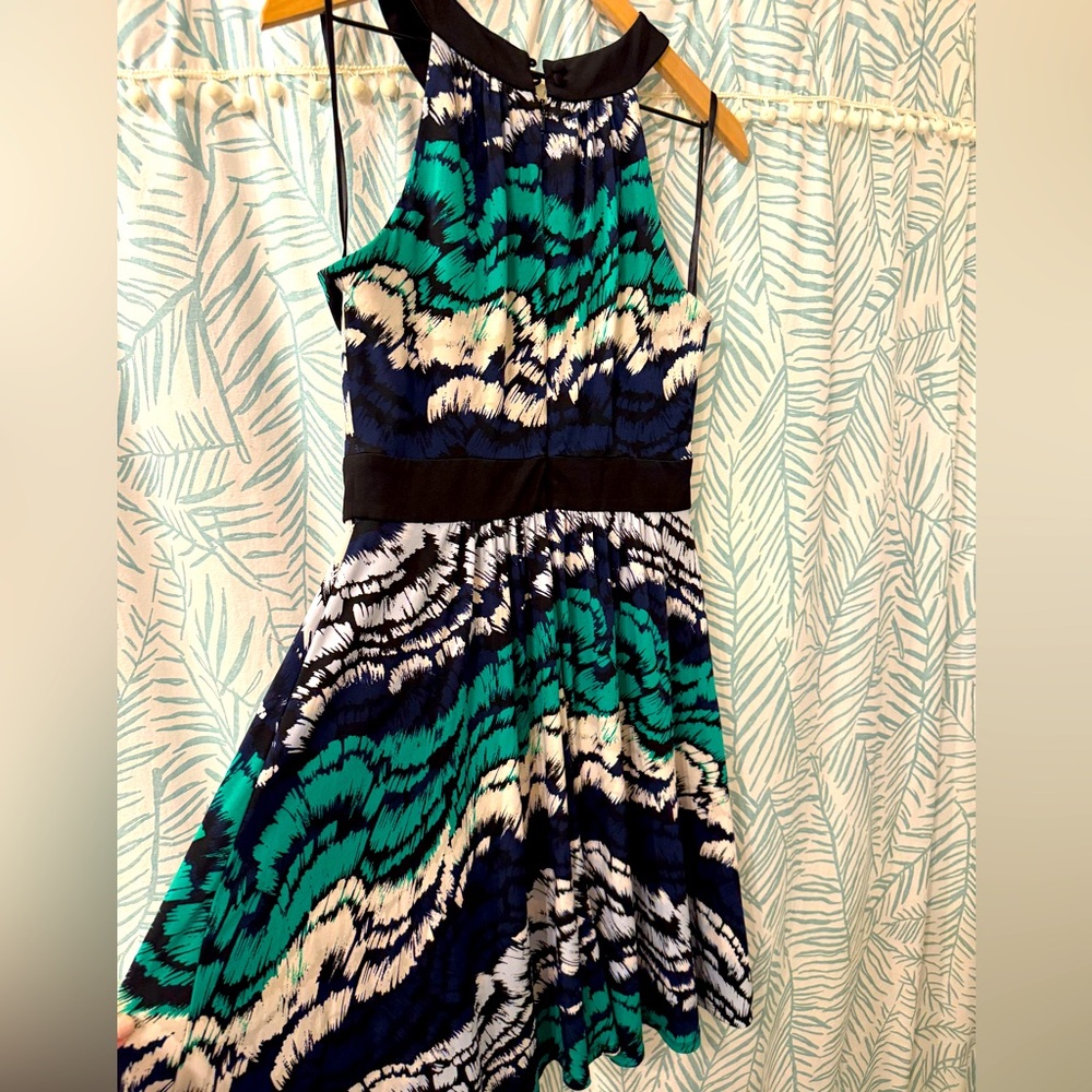 Max and Cleo Painted Feather Stretch Halter Dress
